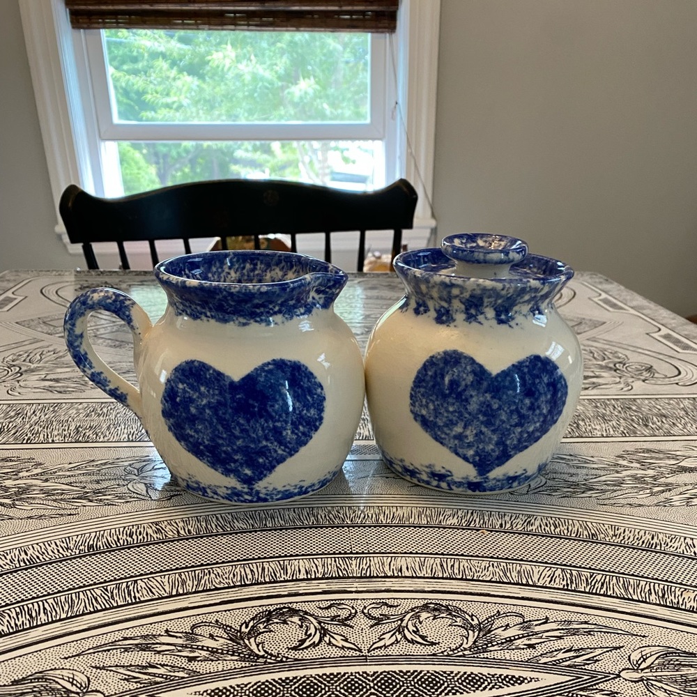 Farmhouse, handmade pottery, sugar and creamer with lid